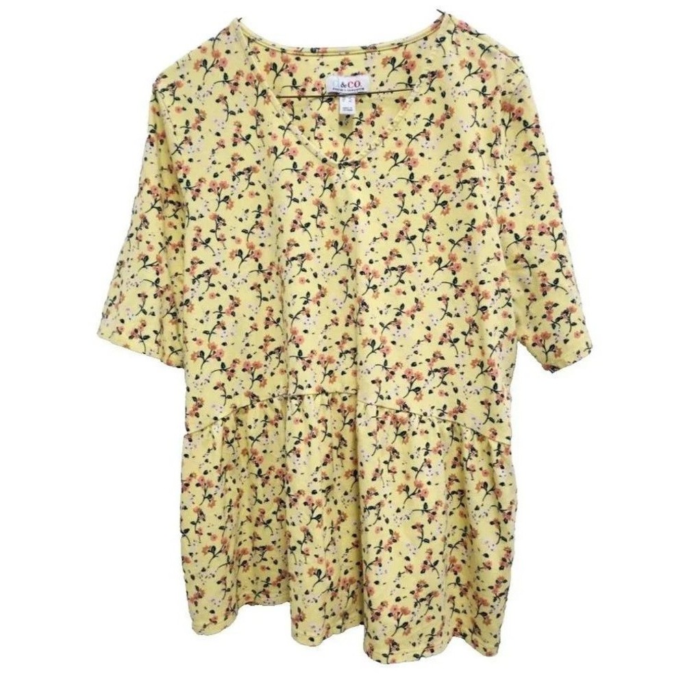 Denim & Co V Neck Peplum Top Womens L Yellow Floral Short Sleeve Cottagecore